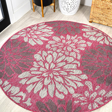 Zinnia Modern Floral Textured Weave Indoor/outdoor Round Rug
